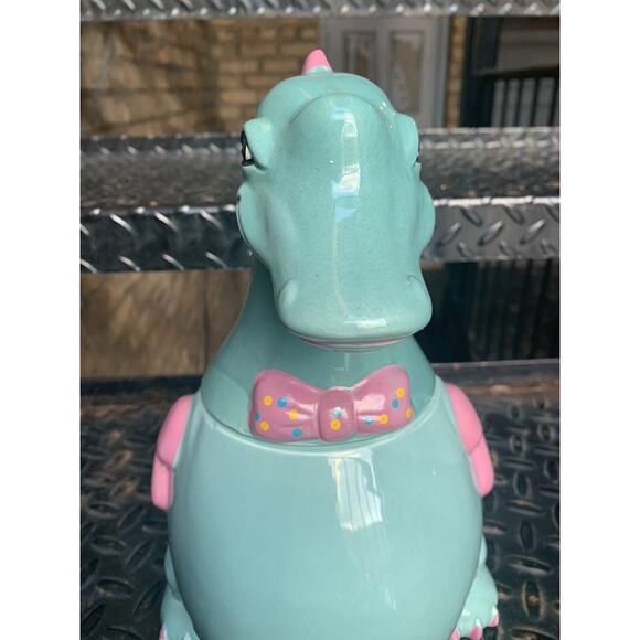 Vintage Kitsch Cute Candy Dapper Dragon Cookie Jar Bowtie Green Pink *Scratched* - Picture 8 of 13